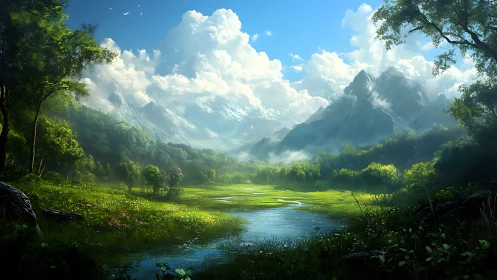 Mountain valley landscape with river and forest under clouds.