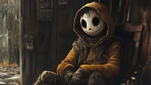 Hooded figure in cracked mask waits in a decayed shack.