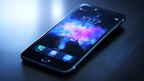 Smartphone displaying colorful cloud wallpaper at 10:77 with app icons.