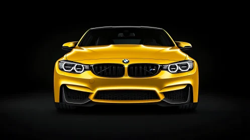 Golden sports coupe rendered in dramatic frontal studio lighting