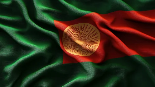 Textured green red flag with abstract radial golden emblem.