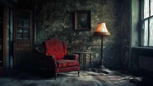 Red armchair and floor lamp in deteriorated interior space.