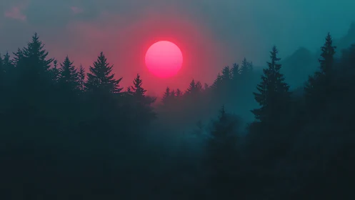 Neon pink sun descends over dense misty conifer forest