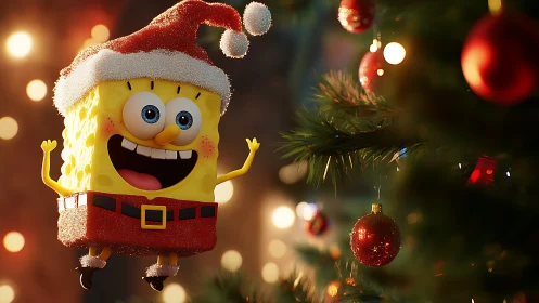 Cartoon sponge character in Santa outfit near lit tree