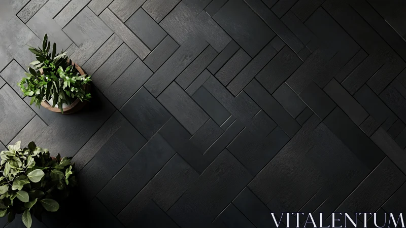 Minimal potted greenery on dark geometric wood floor.