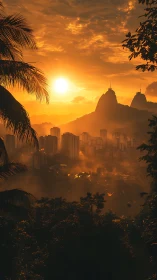 Backlit tropical skyline under volumetric orange sunset haze