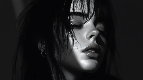 Shadowed portrait captures serene emotion in glossy grayscale.