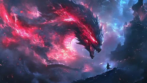 Colossal fiery dragon confronts lone warrior in storm sky