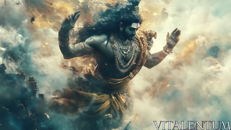 Divine warrior figure emerges through stormlit celestial clouds.