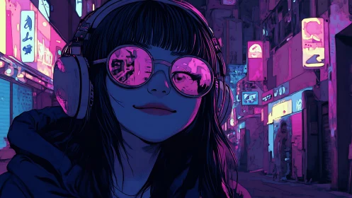 Neon audio wanderer with reflective visor lenses at night.