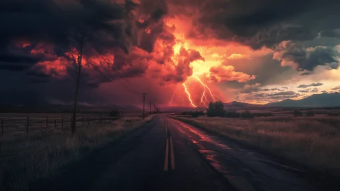 Road into the inferno sky beneath electric crimson storm clouds.