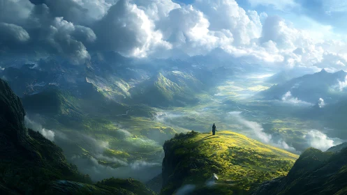 Solitary figure surveys expansive valley under dense cloud cover