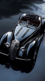 Noir roadster gliding like liquid midnight over glassy water.