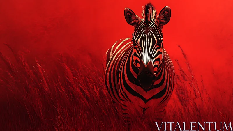 Zebra in scarlet twilight, stripes carved from shadow and fire.