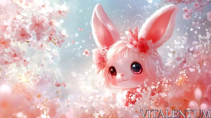 Blossom-haired bunny gazes through dreamy cherry petals.