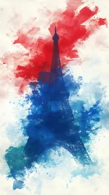 Tricolor dreams erupt around a watercolor Eiffel silhouette.