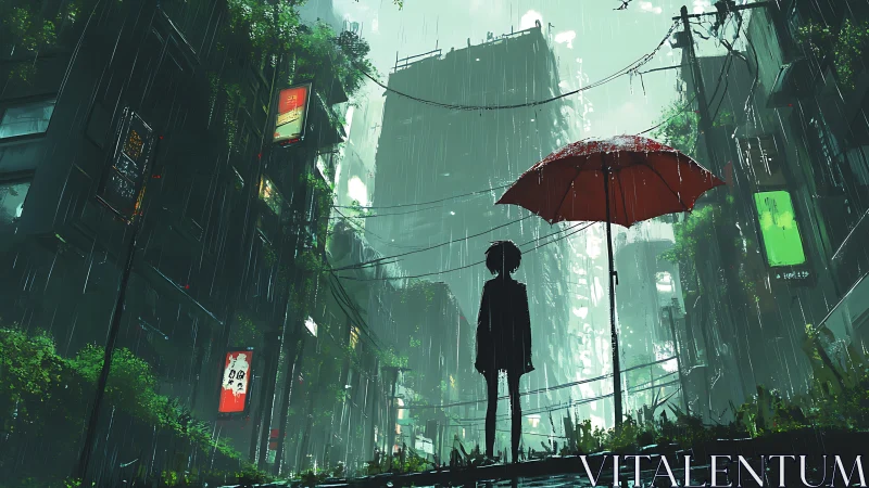 Solitary figure beneath red umbrella in neon rain-soaked ruin.