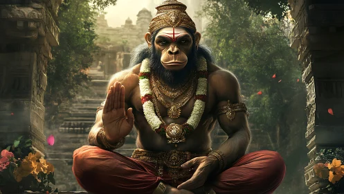 Divine monkey warrior in meditative temple setting.