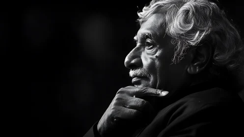 Elderly man in thoughtful side profile on dark background.