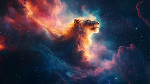 Lion-shaped nebula emerging in colorful deep space clouds.