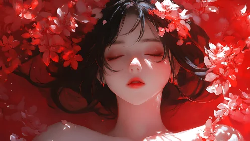 Anime portrait in crimson floral immersion with soft lighting.
