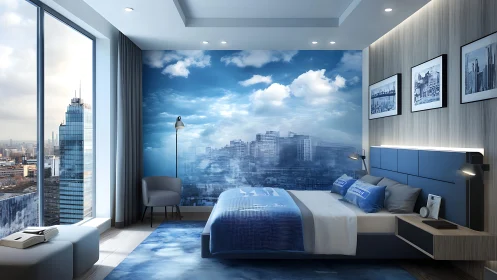 Skyline sanctuary bedroom with dreamy blue city mural.