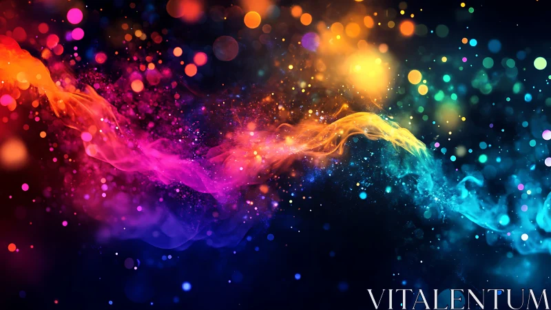 Colorful nebula stream flows through glowing bokeh galaxy.