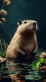 Pond philosopher capybara rises like a furry, tranquil moon