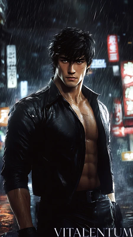 Brooding street fighter in neon city rainstorm at night.