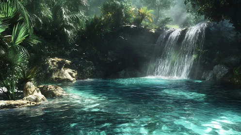 Sunlit jungle waterfall pooling into tranquil turquoise waters.