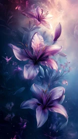 Ethereal Purple Lilies Blooming in Luminous Mystical Light.
