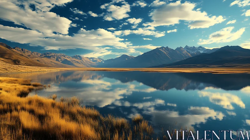 Golden mountain lake reflects dramatic clouds at sunset
