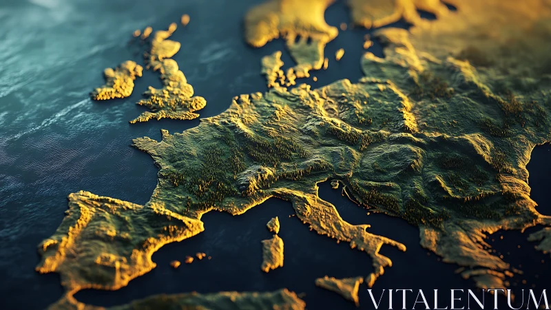 Golden textured map of Europe glowing over deep waters.