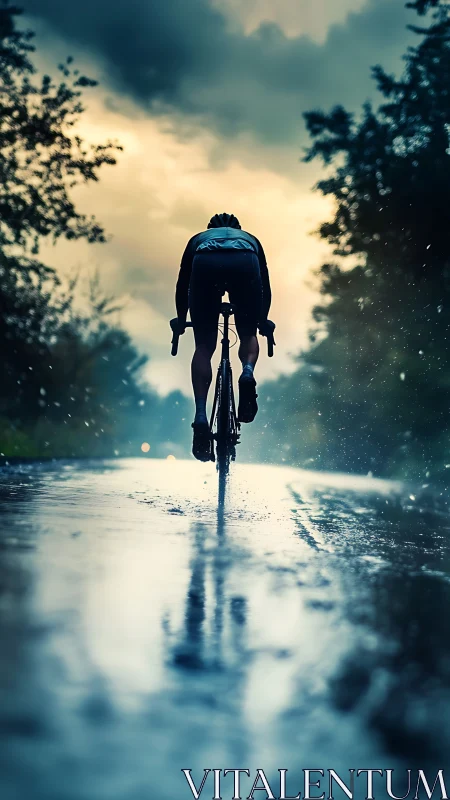 Cyclist rides on wet road under dark stormy evening sky.
