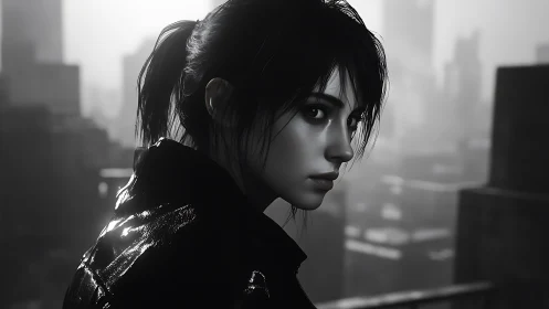 Moody woman in leather jacket over foggy city skyline.