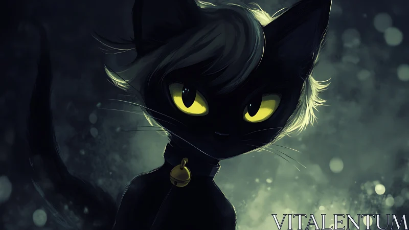 Black cat with yellow eyes stands in dim backlit environment