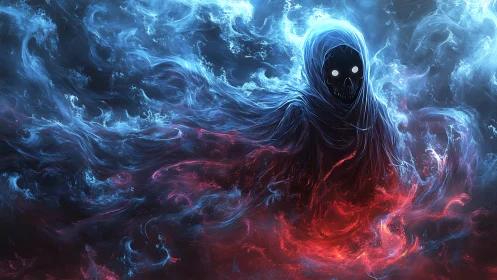 Hooded wraith stirs twin storms of frostfire and shadowlight