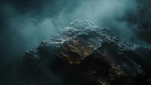 Photorealistic jagged rock mass in cinematic low-key lighting.