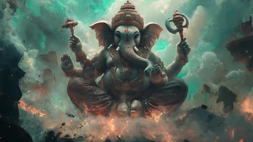 Majestic elephant deity floating in swirling cosmic clouds.