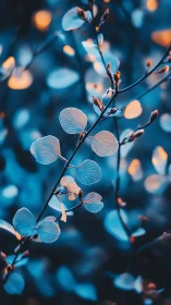 Blue bokeh leaves glow with warm cinematic contrast.