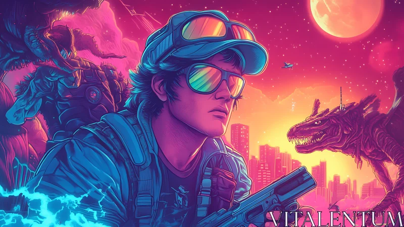 Neon raider patrols dino-infested retrofuturist skyline.