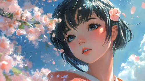 Spring-lit anime portrait beneath drifting cherry petals.