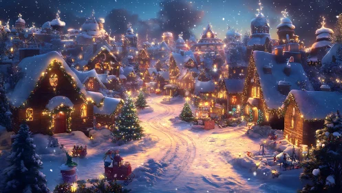 Snow-dusted village glows like a lantern-lit winter dream