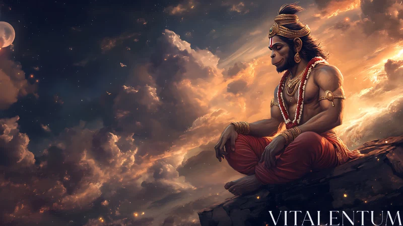 Digital painting of meditative Hanuman in celestial dusk clouds.