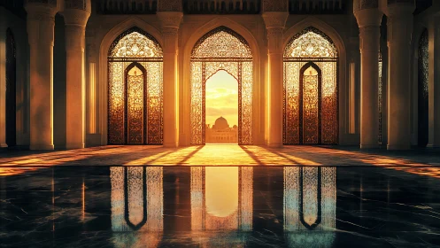 Sunlit arches in ornate hall with reflective marble floor.