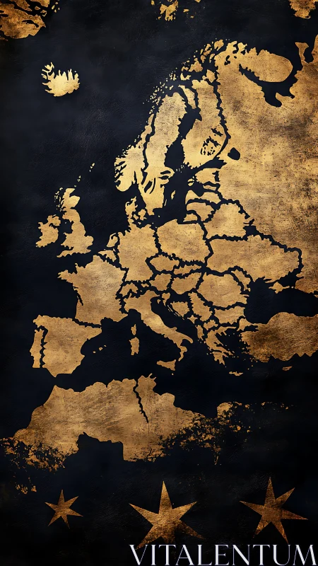 Textured gold silhouette map of Europe on dark background.