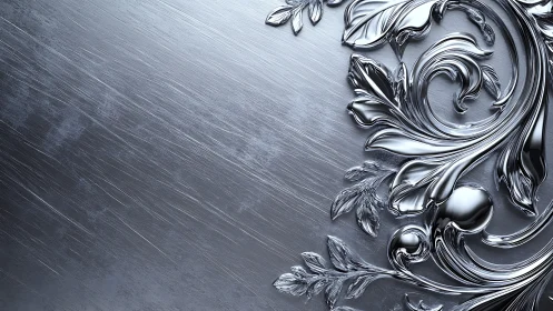 Polished silver floral relief curves across brushed metal field