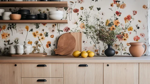 Botanical Wall Collage With Curated Kitchen Styling.
