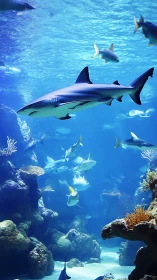 Blue cathedral of sharks gliding through coral silence.