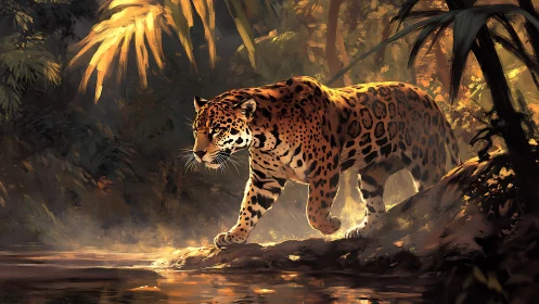 Jungle Jaguar Stalks Golden Sunlit Stream in Mystical Forest.